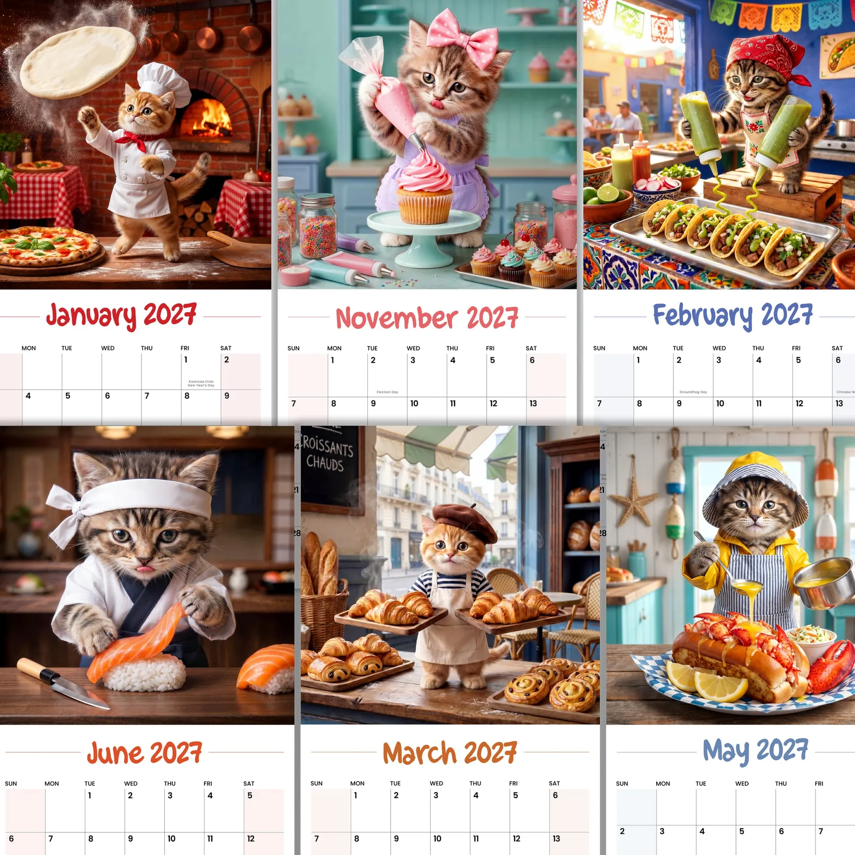 Six month pages of chef cats cooking famous dishes from the 2027 wall calendar