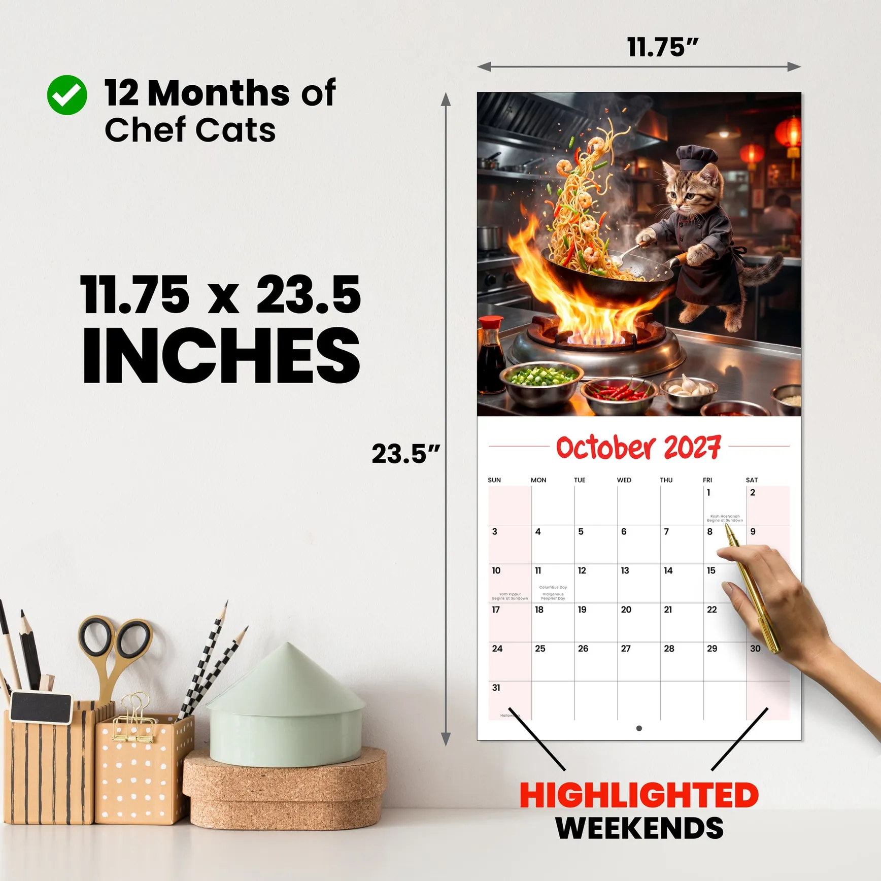 Chef Cats wall calendar open on the wall, a cat plating a dish, 11.75 by 23.5 inches