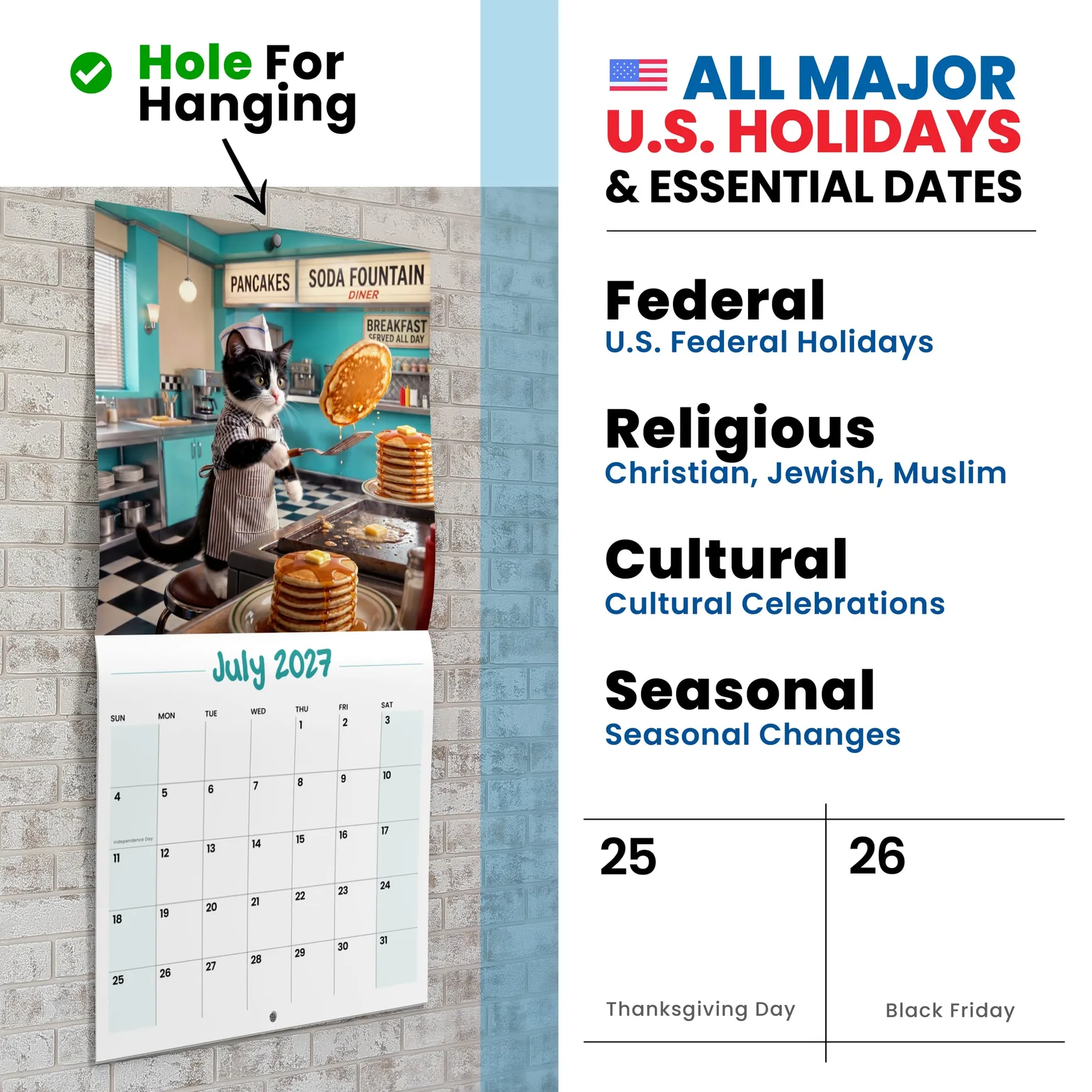 Chef Cats calendar hanging by its hole, a cat in the kitchen, US holidays