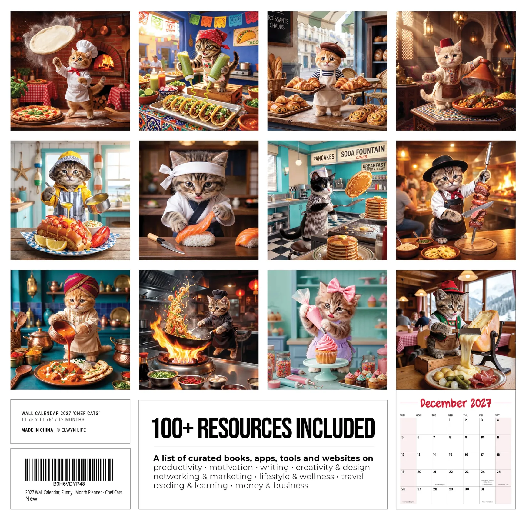 Back cover of the Chef Cats 2027 calendar, twelve cat dishes and the 100+ resources list