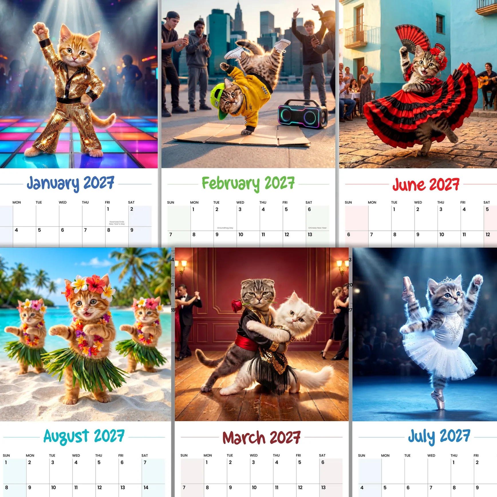 Six month pages of dancing cats in famous styles from the 2027 wall calendar