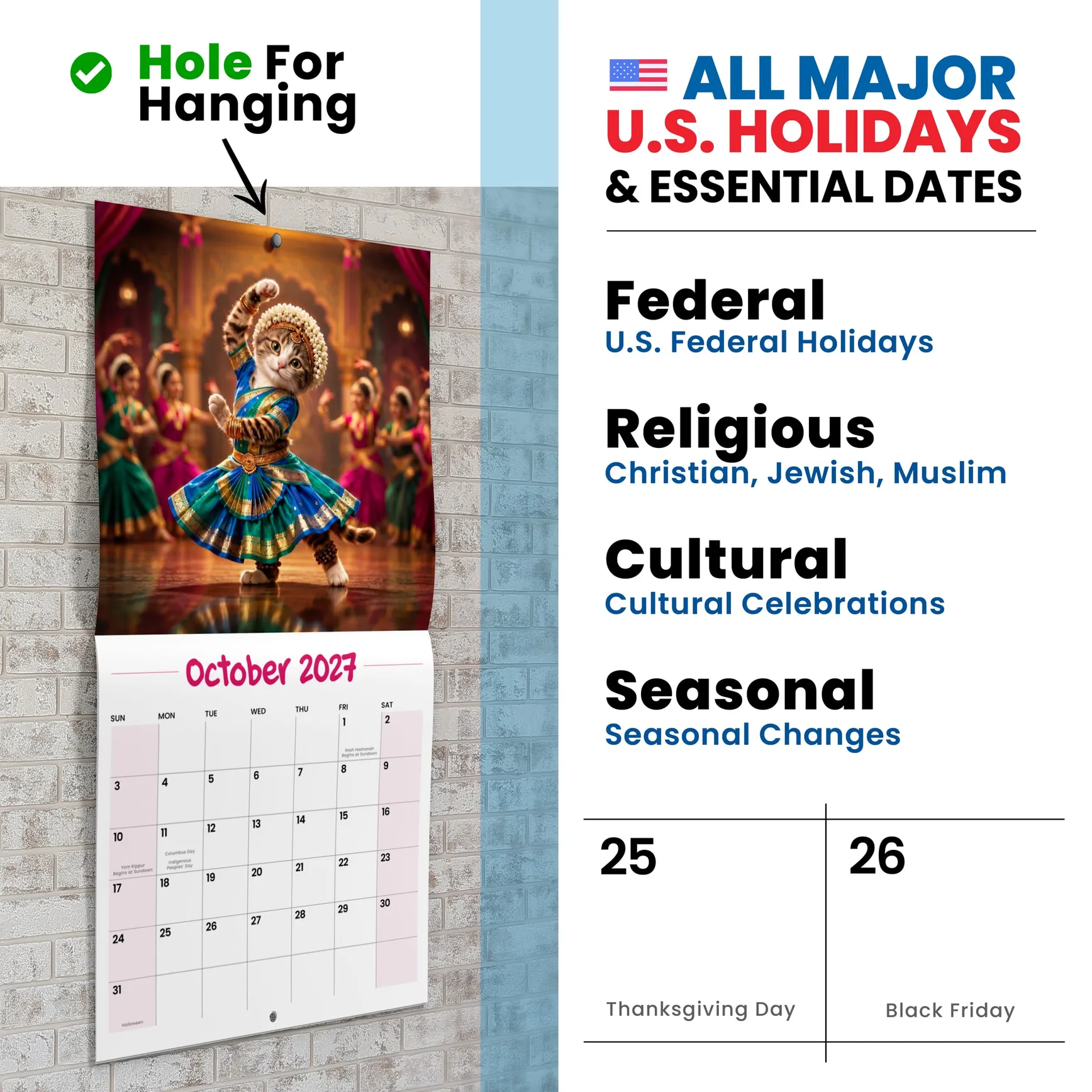 Dancing Cats calendar hanging by its hole, a cat on the dance floor, US holidays