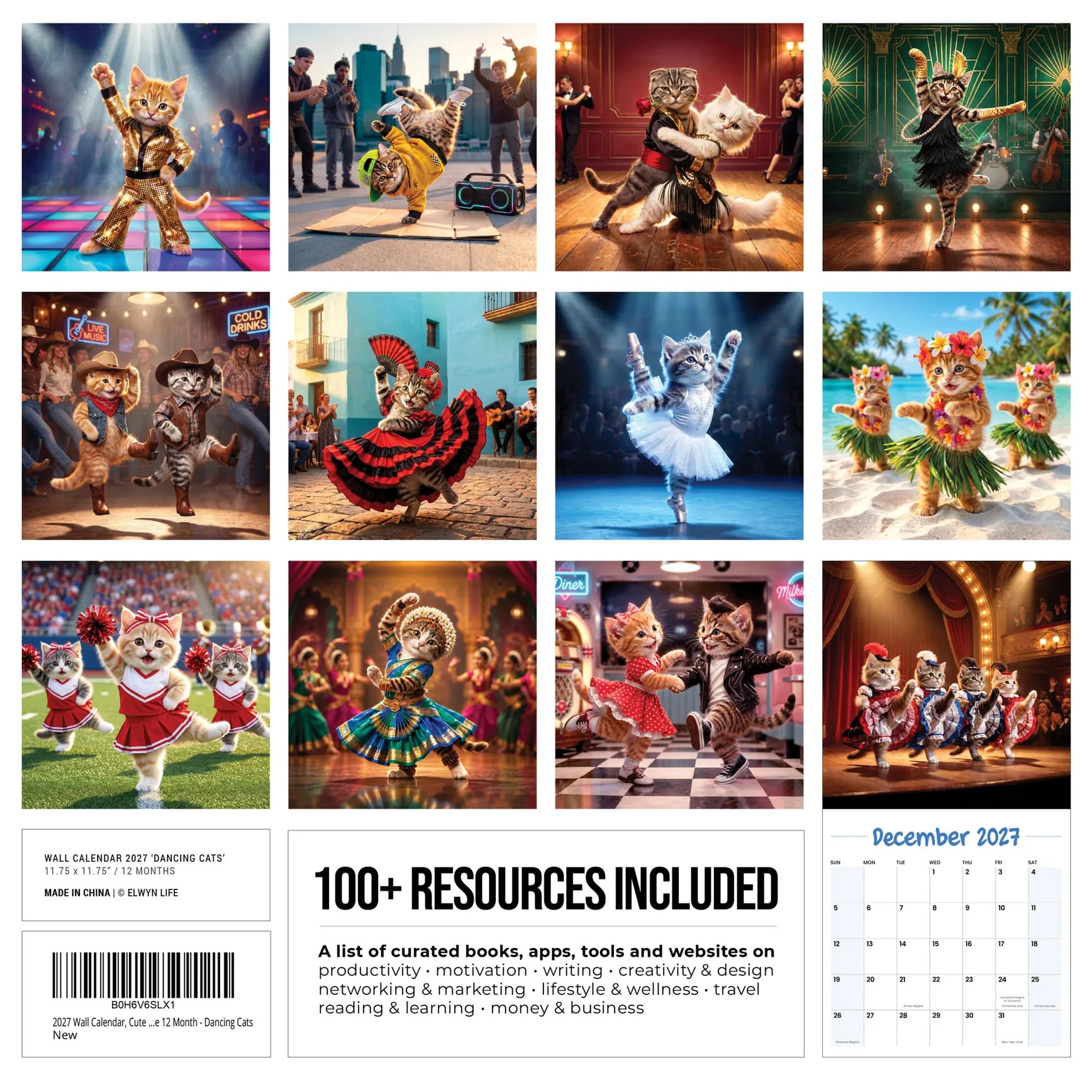 Back cover of the Dancing Cats 2027 calendar, twelve cat dances and the 100+ resources list