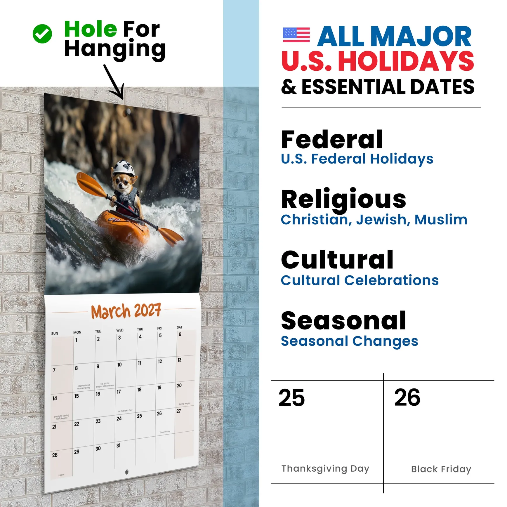Daredevil Dogs calendar hanging by its hole, a dog on an adventure, US holidays