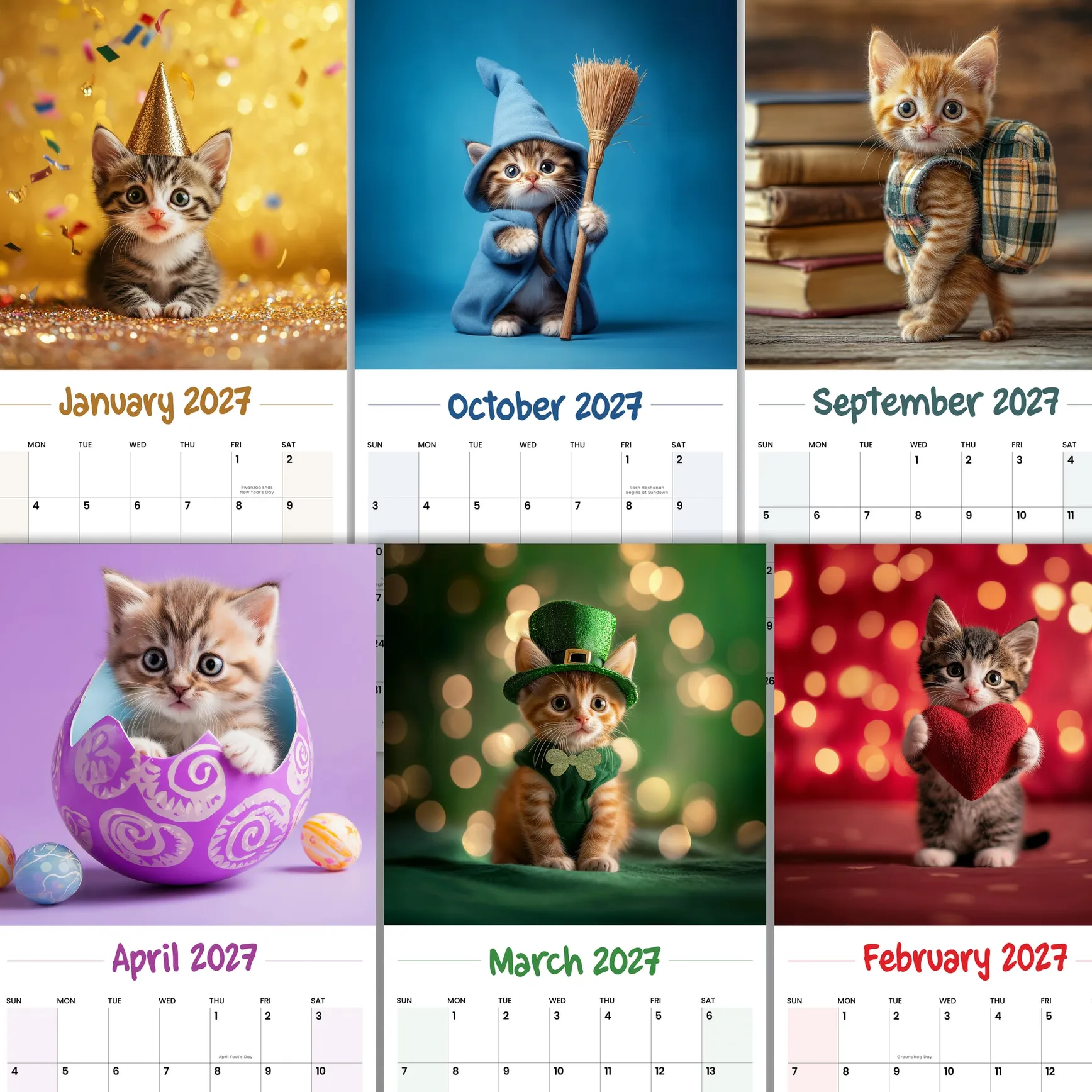 Six month pages of festive kittens in holiday costumes from the 2027 wall calendar