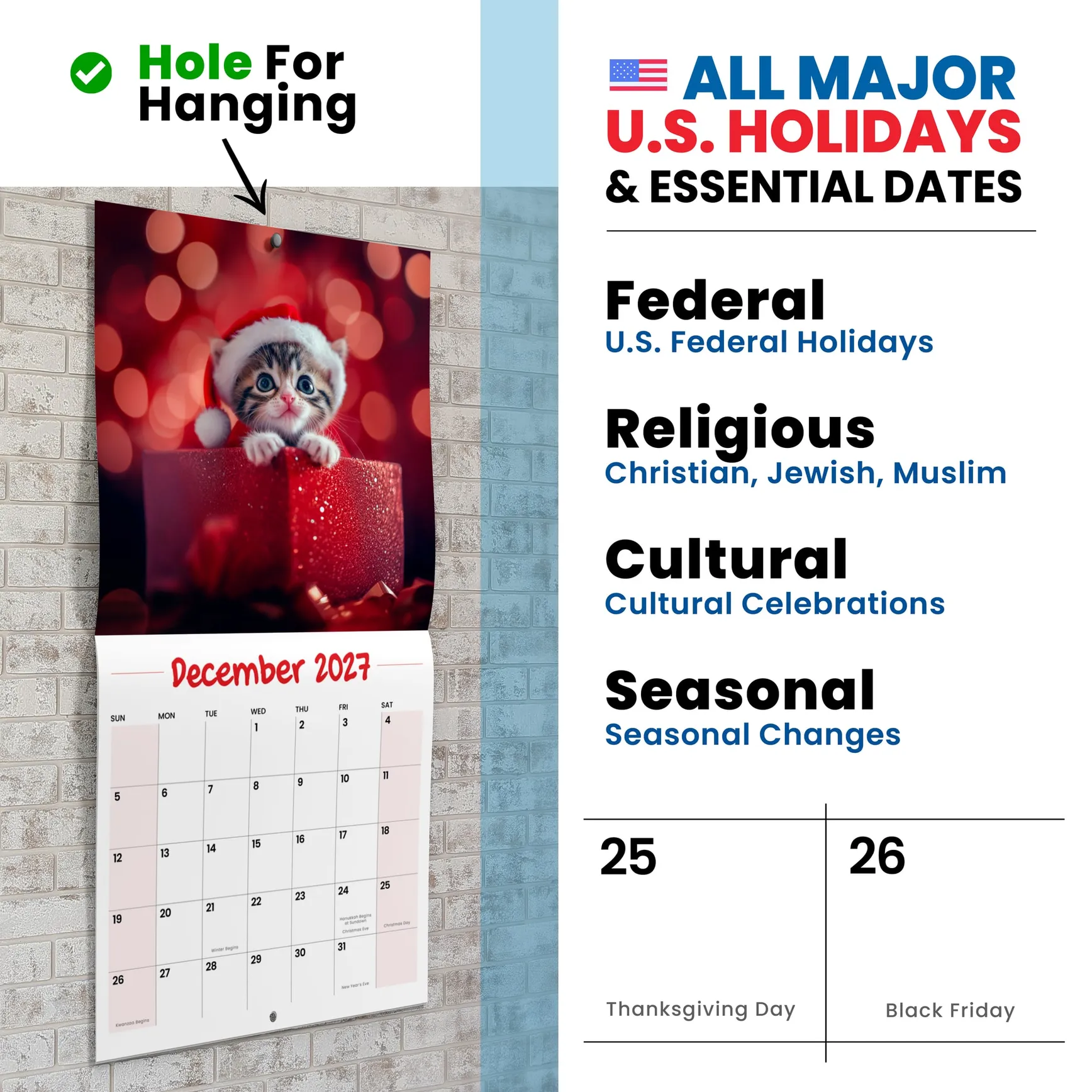 Festive Kittens calendar hanging by its hole, a kitten in a Santa hat, US holidays