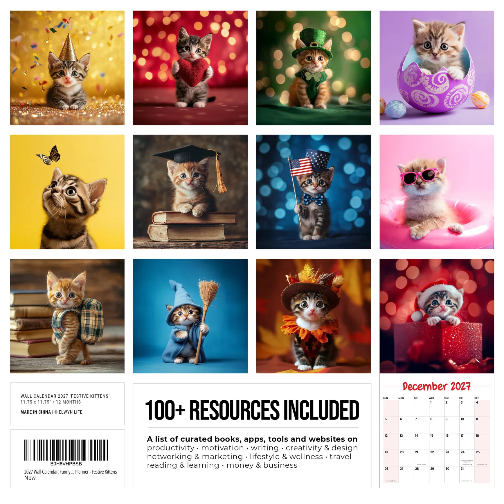 Back cover of the Festive Kittens 2027 calendar, twelve kitten portraits and the 100+ resources list