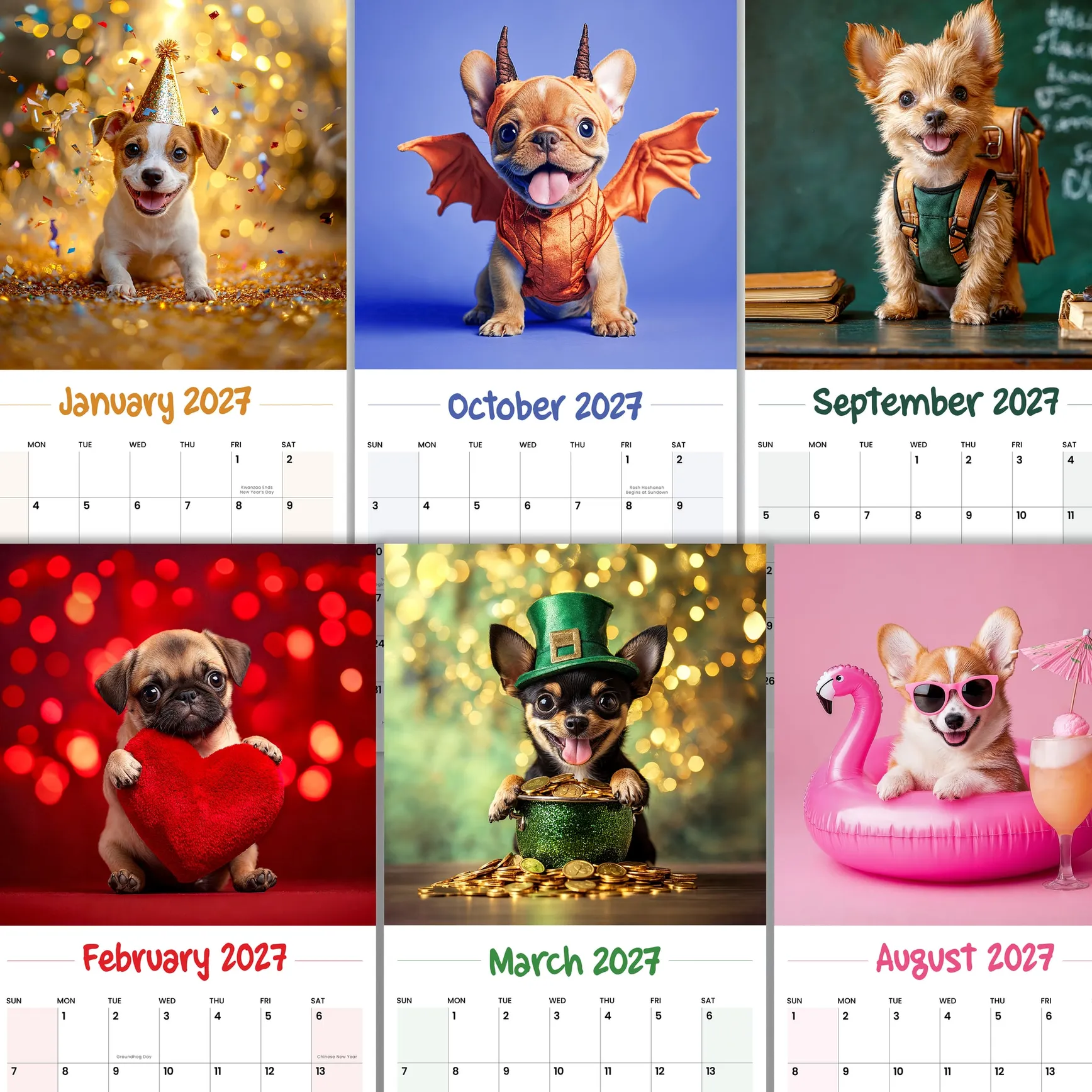 Six month pages of festive puppies in holiday costumes from the 2027 wall calendar