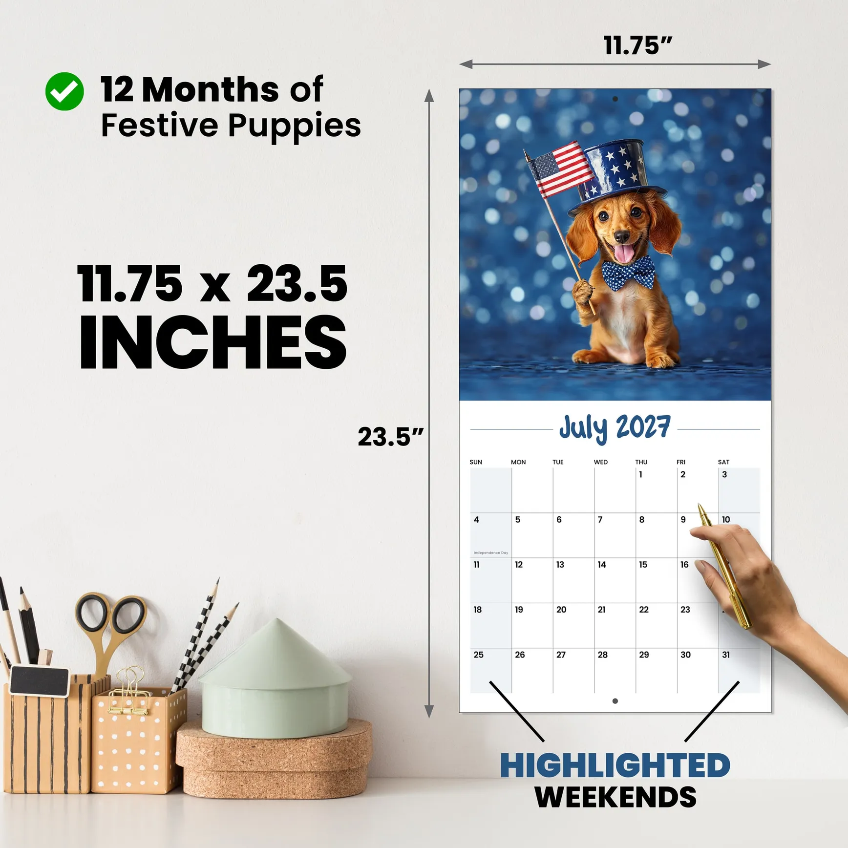 Festive Puppies wall calendar open on the wall, a puppy in costume, 11.75 by 23.5 inches