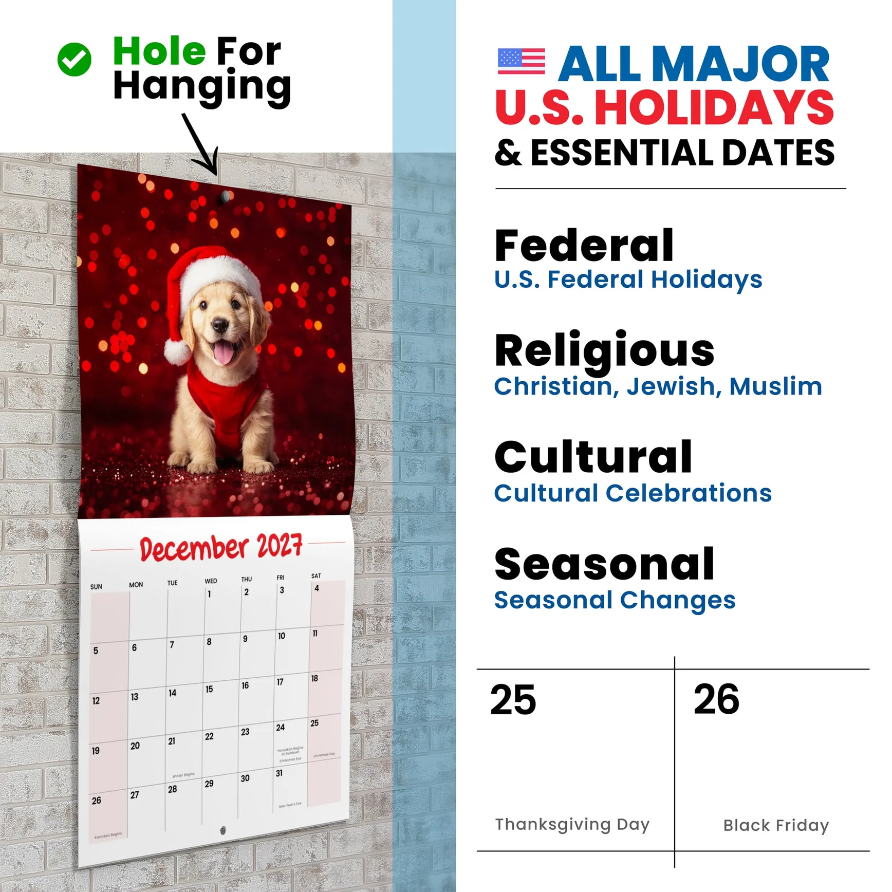 Festive Puppies calendar hanging by its hole, a puppy in holiday dress, US holidays