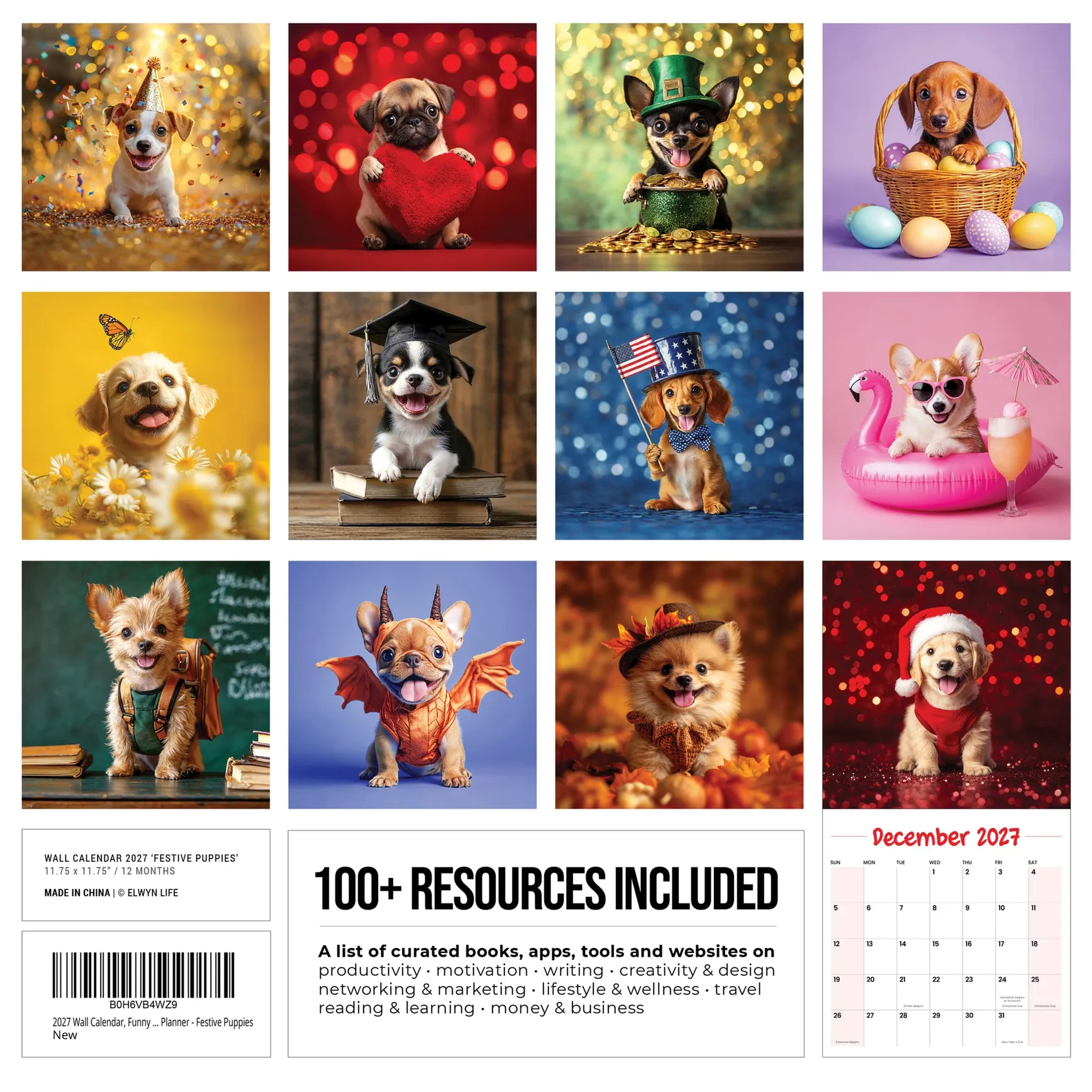 Back cover of the Festive Puppies 2027 calendar, twelve puppy portraits and the 100+ resources list