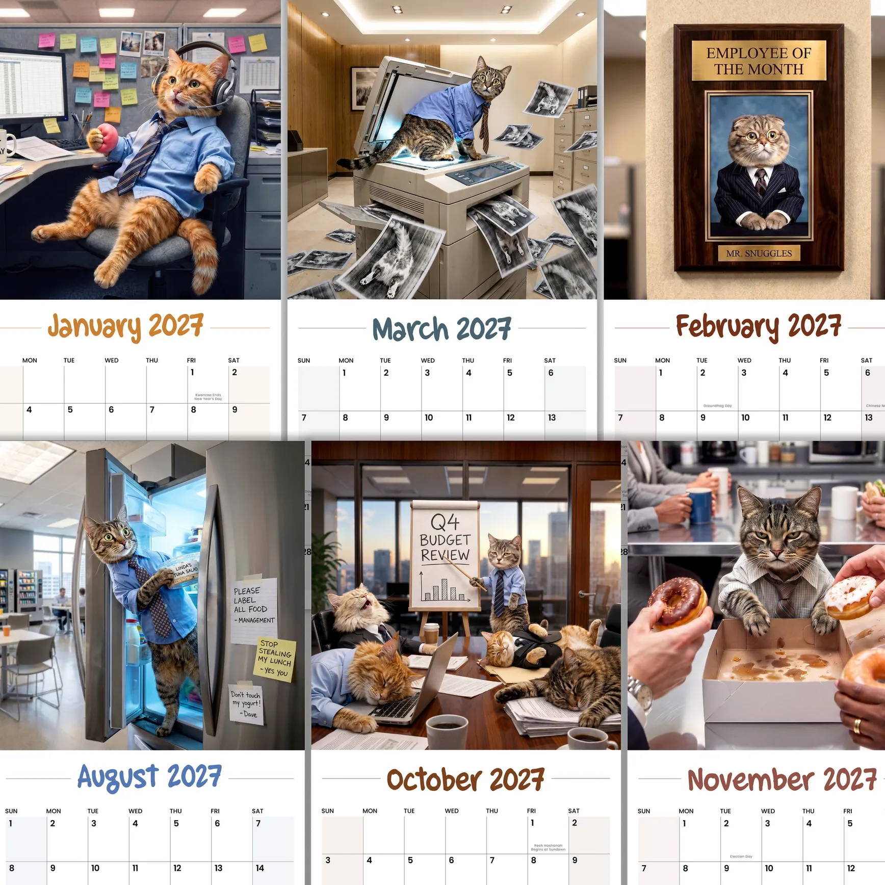 Six month pages of office cats at work from the 2027 wall calendar