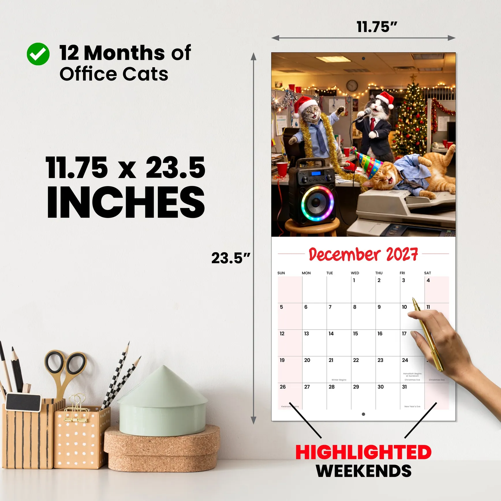 Office Cats wall calendar open on the wall, a cat at a desk, 11.75 by 23.5 inches