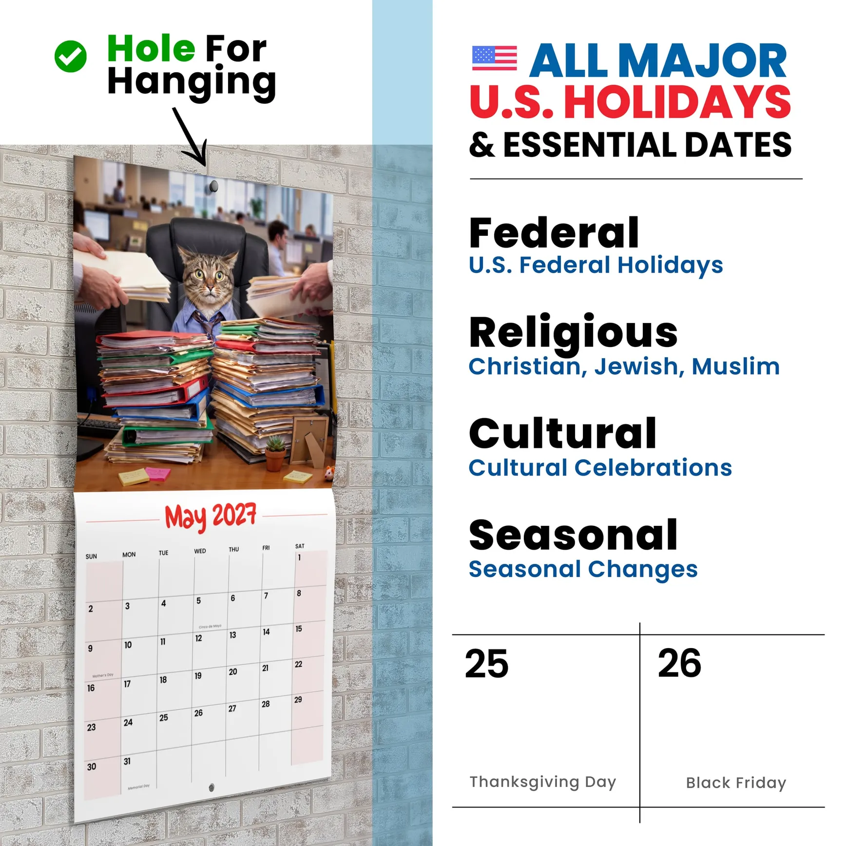 Office Cats calendar hanging by its hole, a corporate cat, US holidays