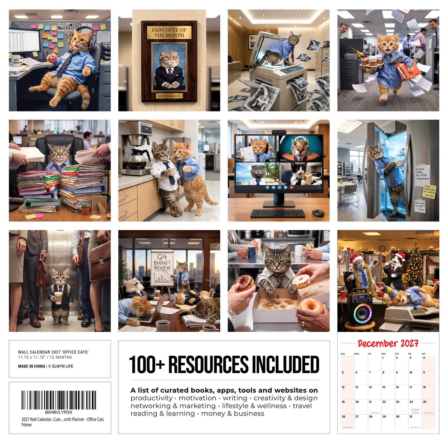 Back cover of the Office Cats 2027 calendar, twelve cat workplace scenes and the 100+ resources list