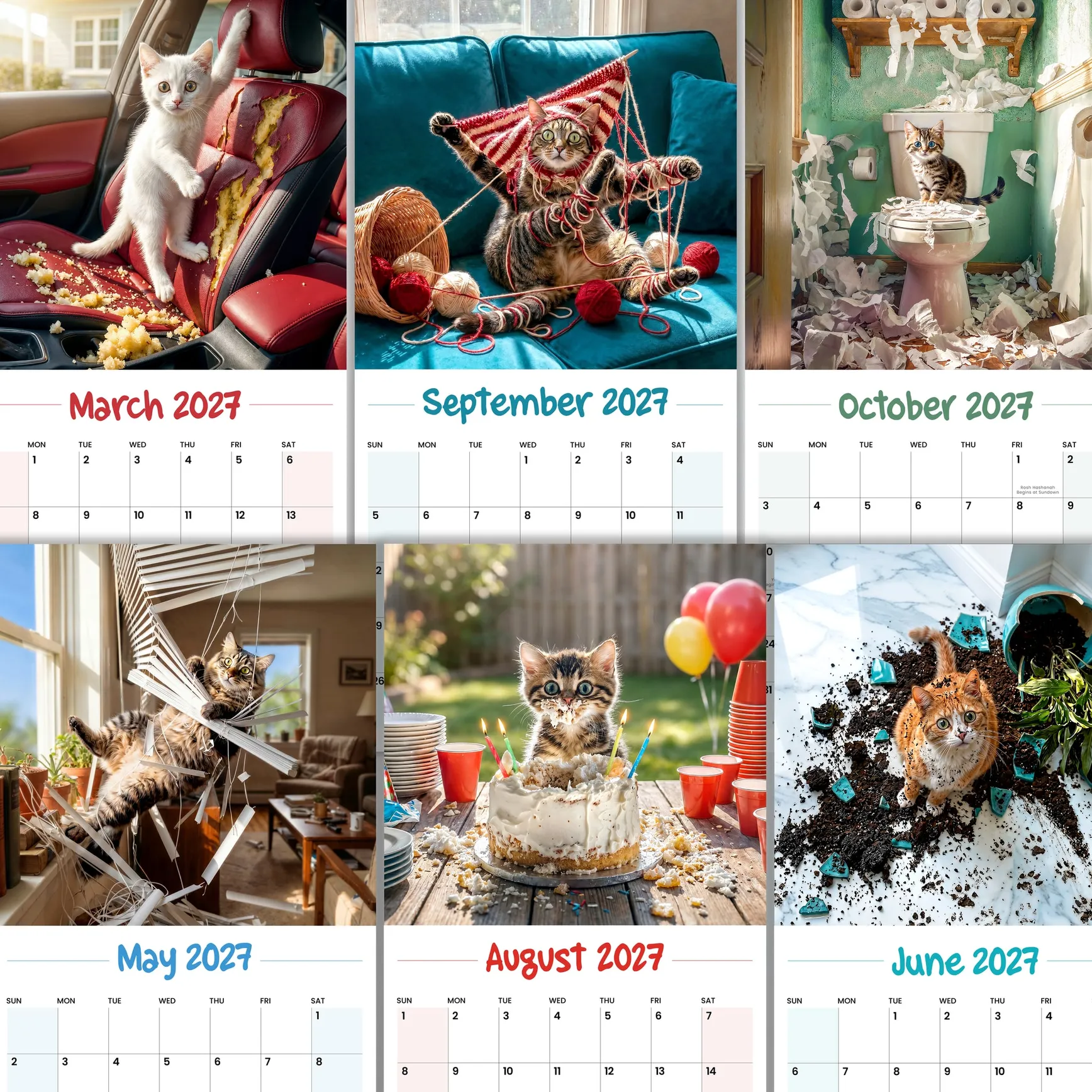 Six month pages of oops cats caught in messes from the 2027 wall calendar