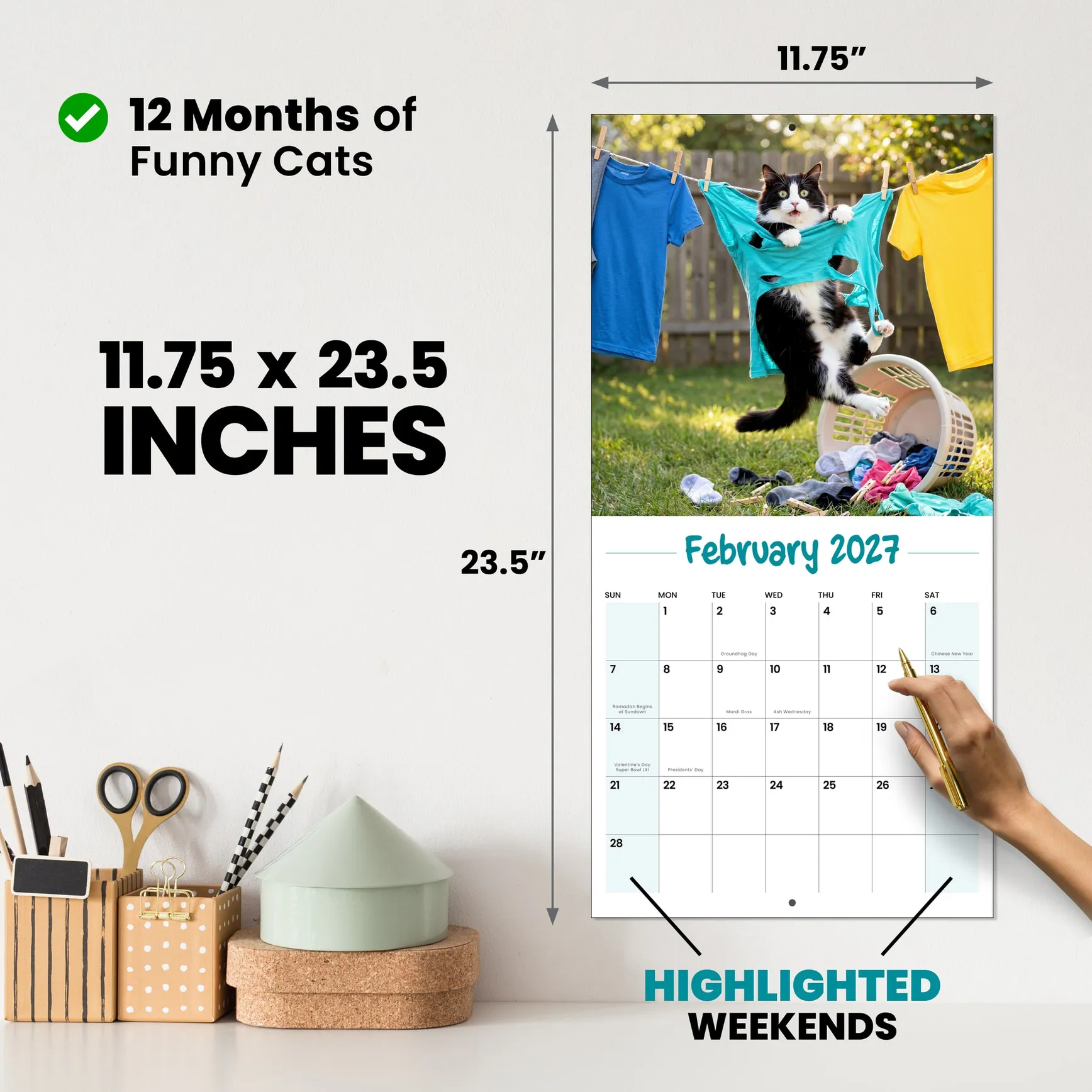Oops Cats wall calendar open on the wall, a cat mid-mess, 11.75 by 23.5 inches