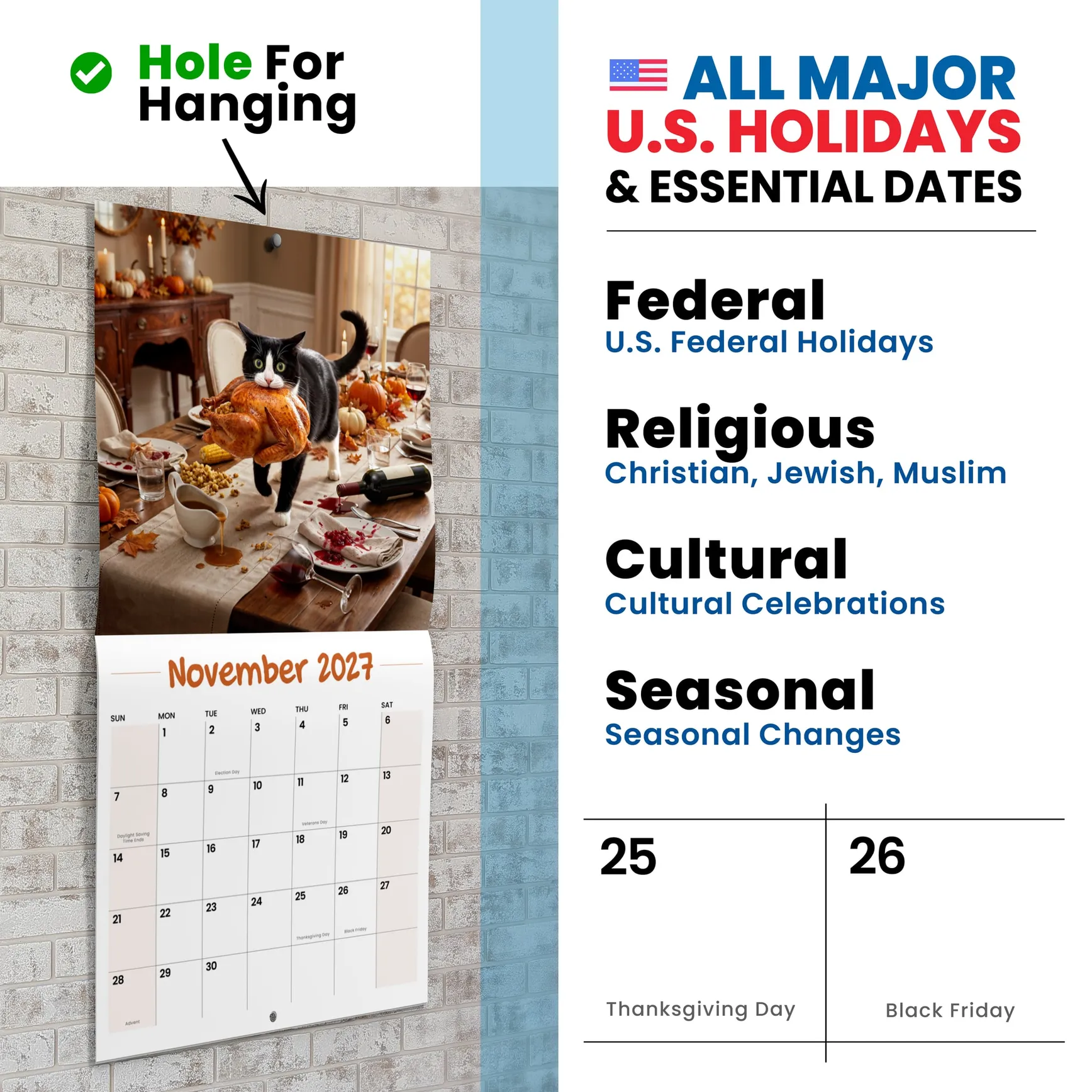 Oops Cats calendar hanging by its hole, a guilty cat, US holidays