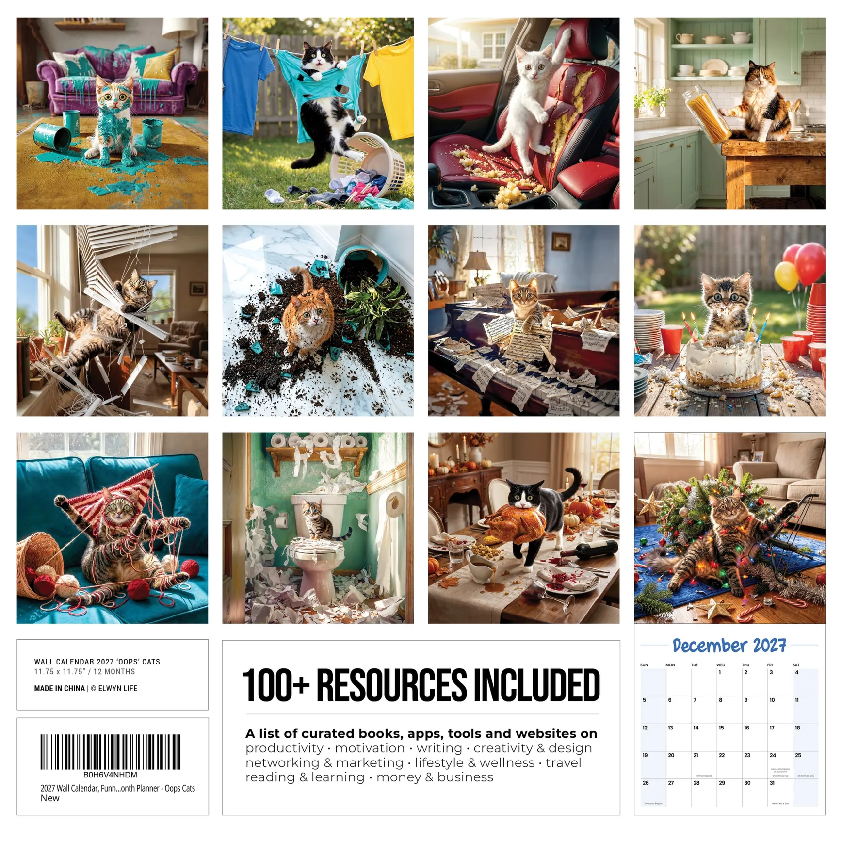 Back cover of the Oops Cats 2027 calendar, twelve cat disasters and the 100+ resources list