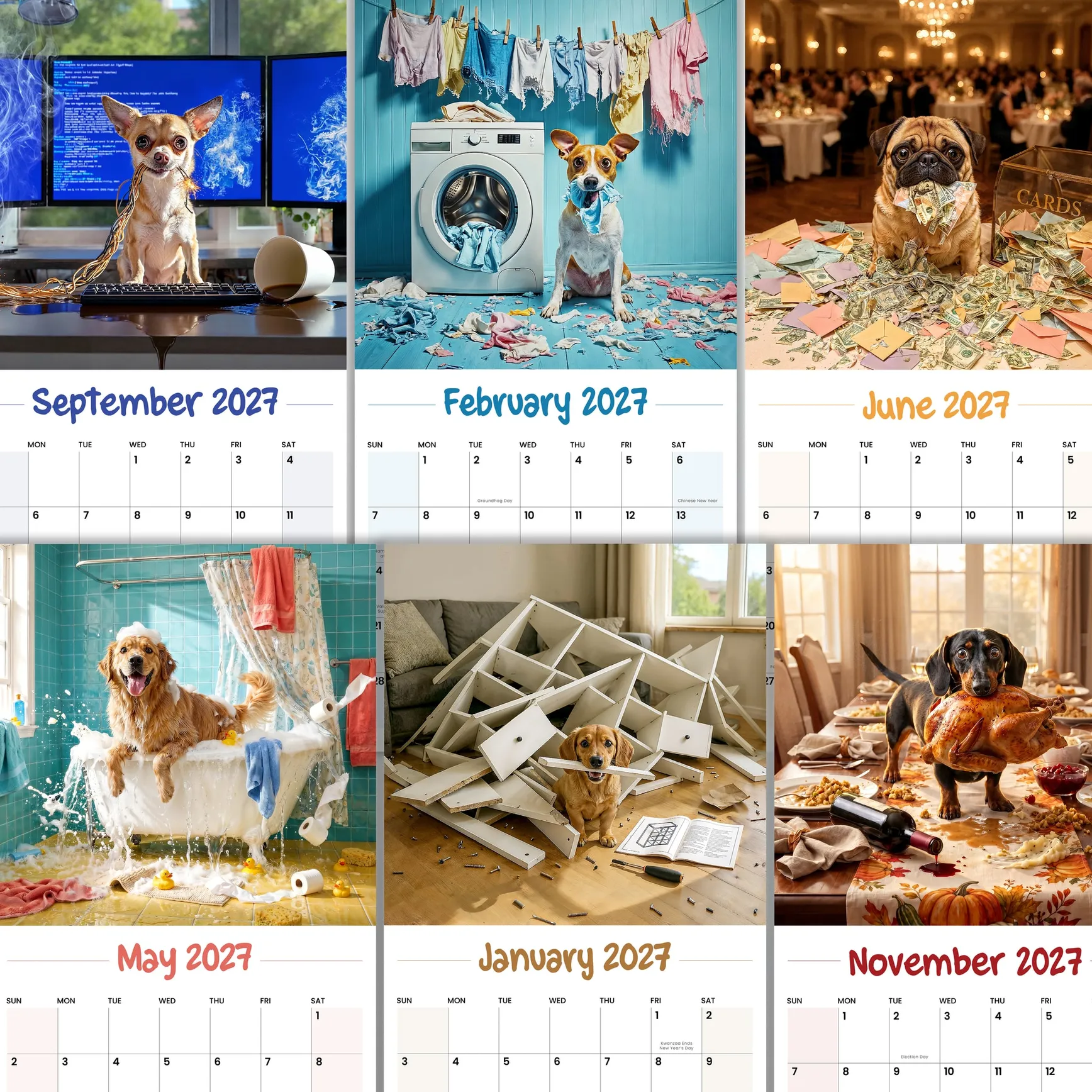 Six month pages of oops dogs caught in messes from the 2027 wall calendar