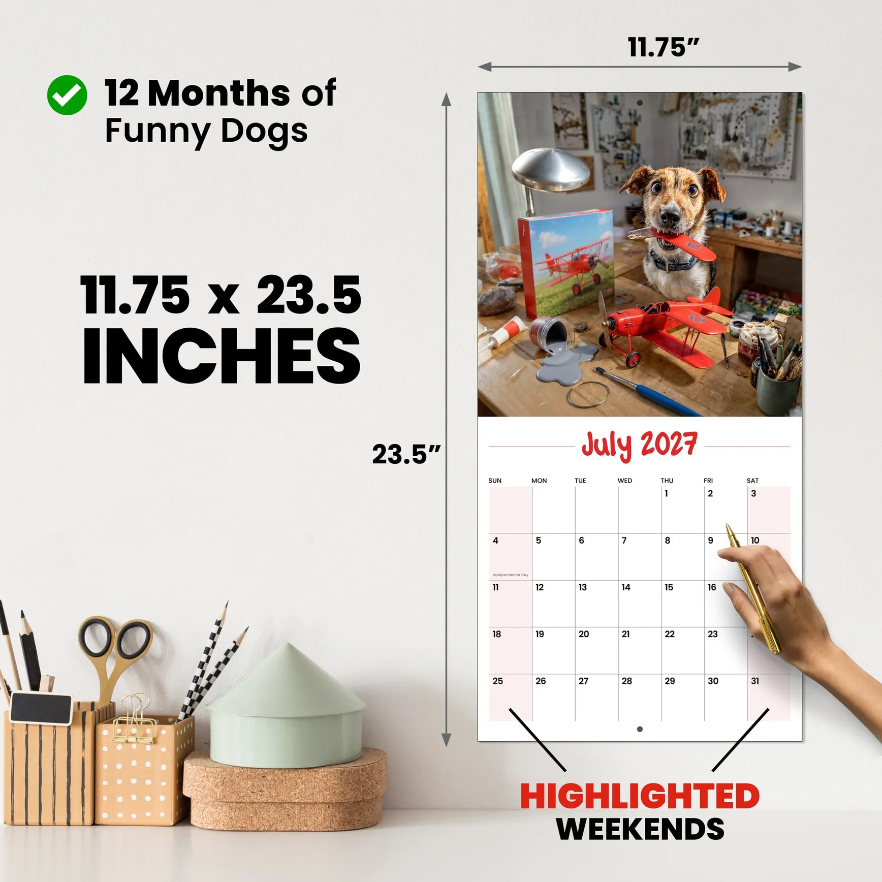 Oops Dogs wall calendar open on the wall, a dog mid-mess, 11.75 by 23.5 inches