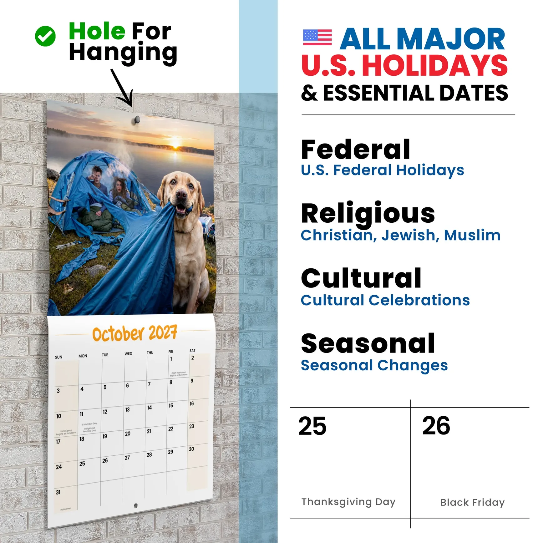 Oops Dogs calendar hanging by its hole, a guilty dog, US holidays