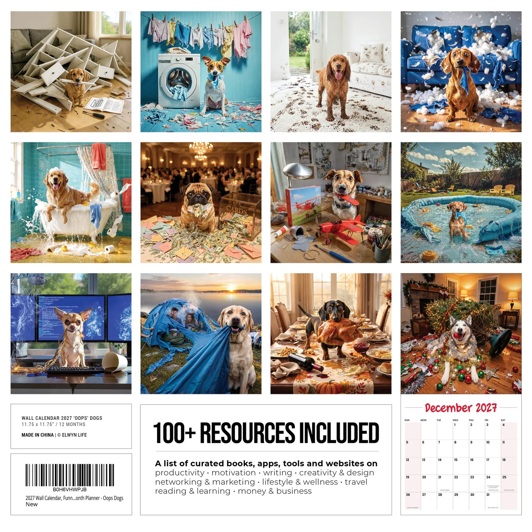 Back cover of the Oops Dogs 2027 calendar, twelve dog disasters and the 100+ resources list