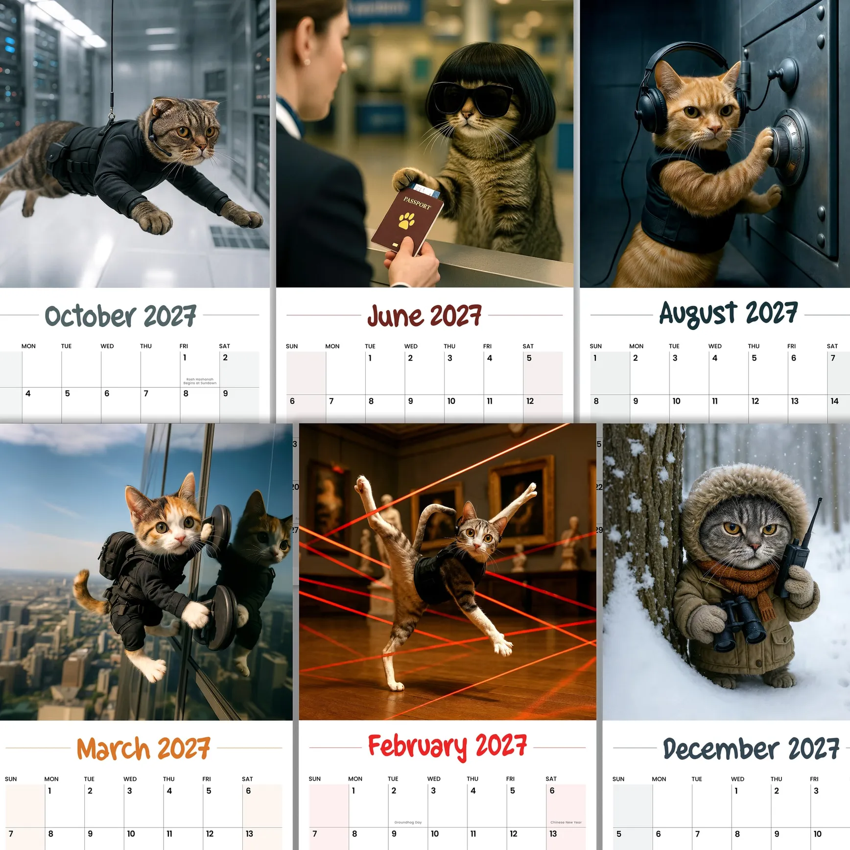 Six month pages of spy cats on secret missions from the 2027 wall calendar