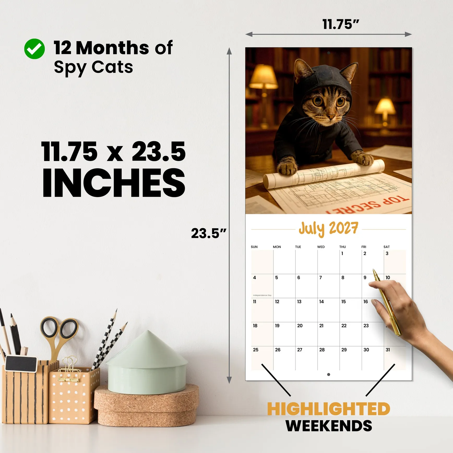 Spy Cats wall calendar open on the wall, a cat mid-mission, 11.75 by 23.5 inches