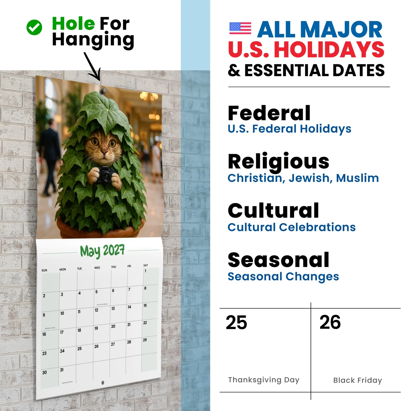 Spy Cats calendar hanging by its hole, a cat on a covert job, US holidays