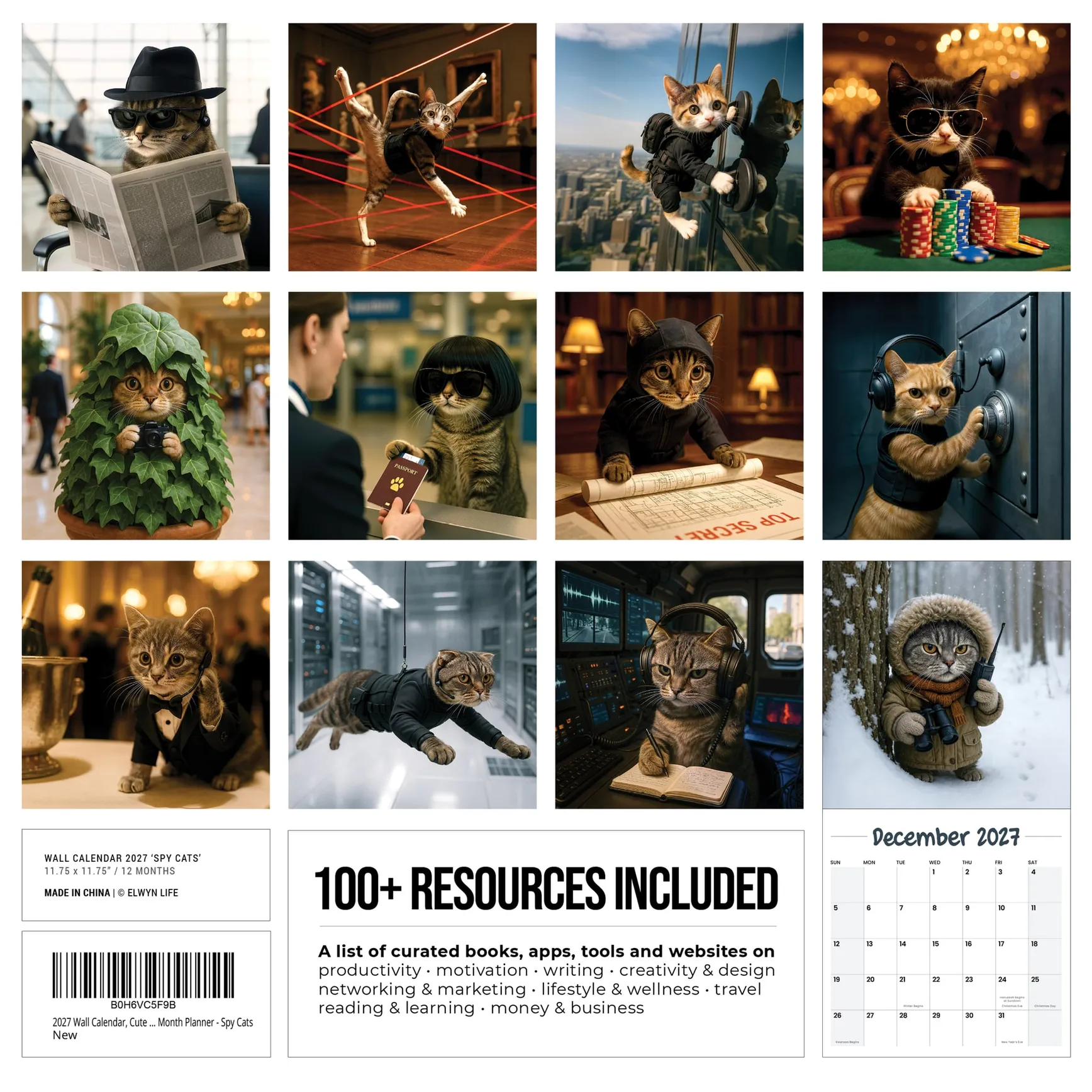 Back cover of the Spy Cats 2027 calendar, twelve cat missions and the 100+ resources list