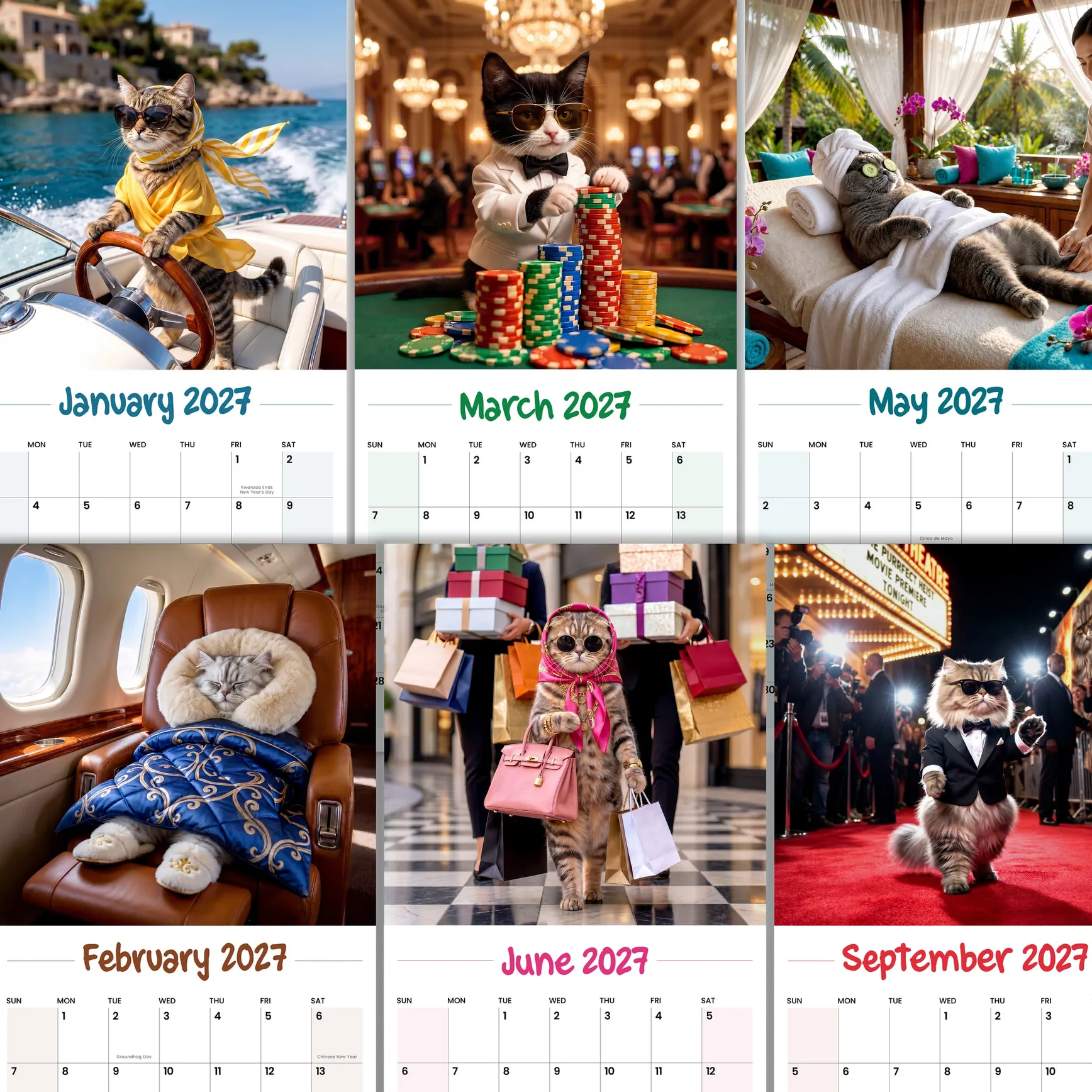 Six month pages of VIP cats living the high life from the 2027 wall calendar